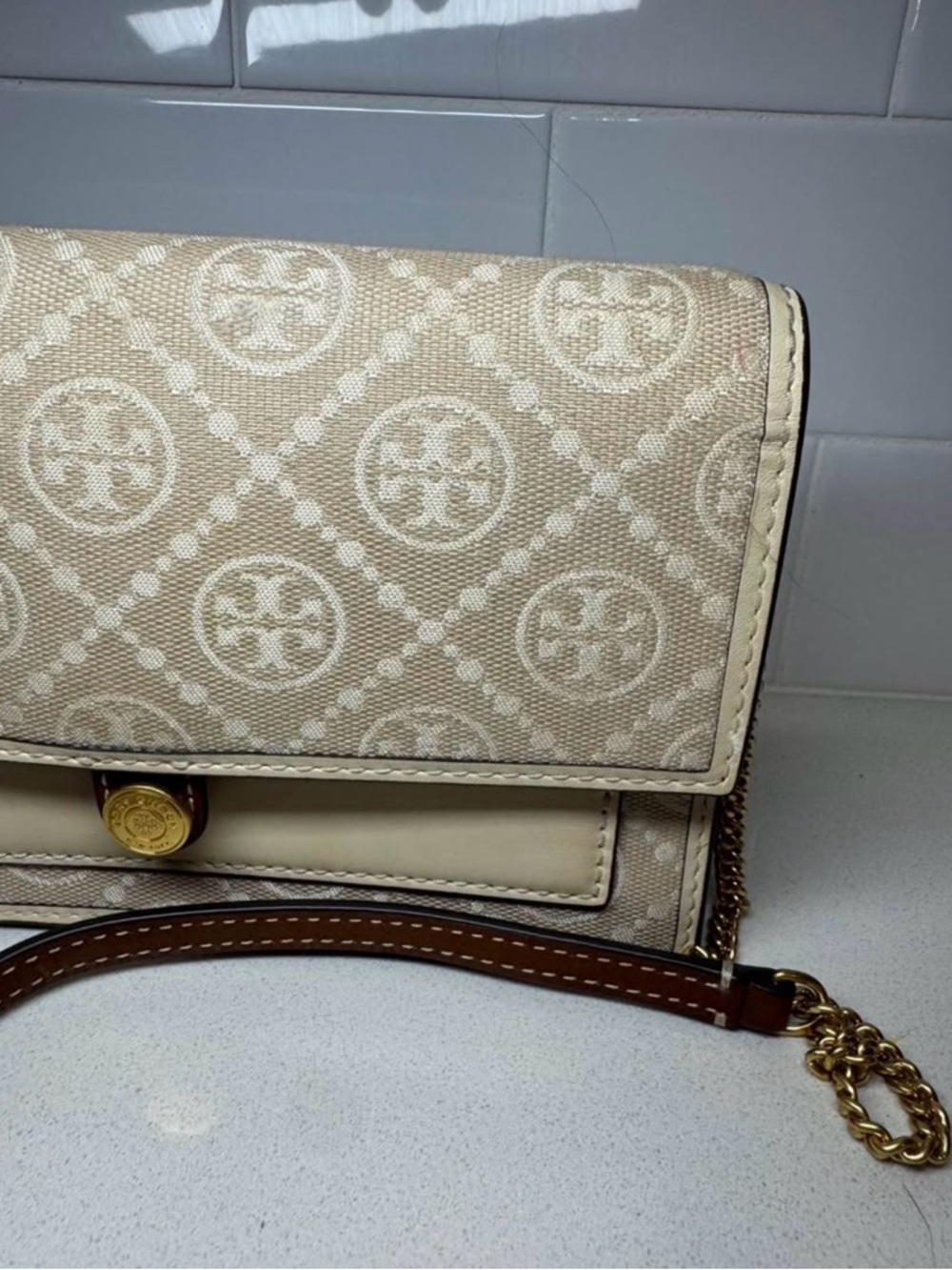 Tory Burch Beige Logo-Pattern Flap Crossbody with Brown Strap - Picture 5 of 9